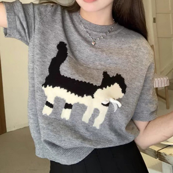 더플로우커머스 여성용 강아지 자수 루즈핏 반팔 니트 티셔츠