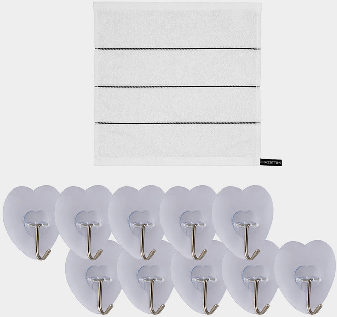 모나코올리브 호텔식 스트라이프 핸드타월 + 하트매직 후크 10p 세트, 화이트(핸드타월), 원 컬러(후크), 1세트