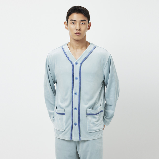 JAJU(자주) 남성용 라이트 밍크 플리스 브이넥 파자마 상하의 세트