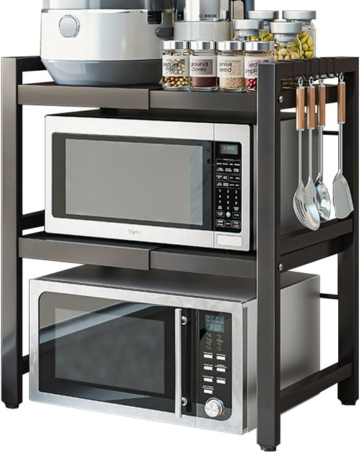 엠디유마켓 프리미엄 높이 너비 조절 전자레인지 선반 3단 + 후크걸이 6p 세트, 블랙, 1세트