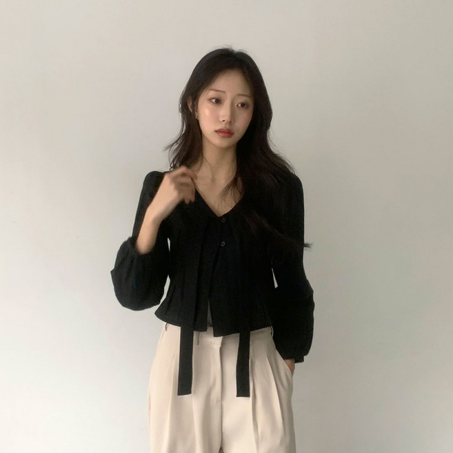 플랜데이 여성용 데일리 니케 크롭 타이 버튼 블라우스