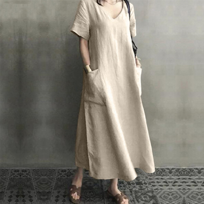 PEONIST 雙口袋短袖寬鬆長洋裝, 01象牙