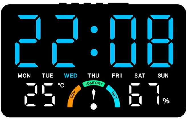 Couselect 居家溫濕度LED電子鐘 簡約大屏掛立兩用 多功能床頭鬧鐘, 黑殼藍燈 數位式