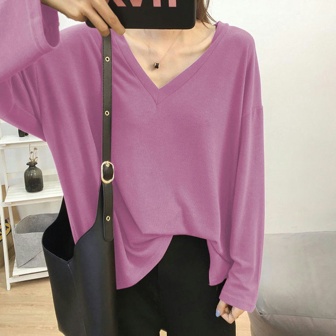 아티렐 솔리드 컬러 루즈 올매치 셔츠 브이넥