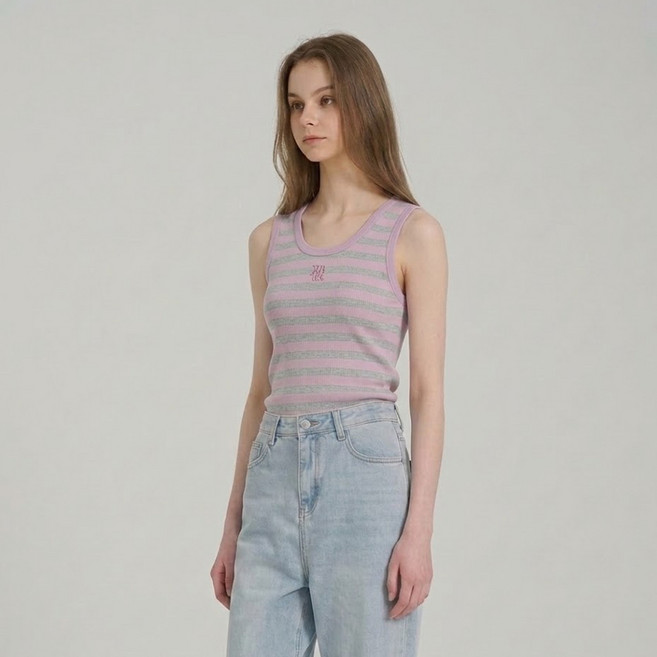 에이비에프지 여성용 U넥 자수 스트라이프 민소매 티셔츠 AFZ5QK36