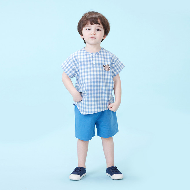 KIDSCOMO 童款熊熊刺繡格紋短袖上衣+短褲套裝