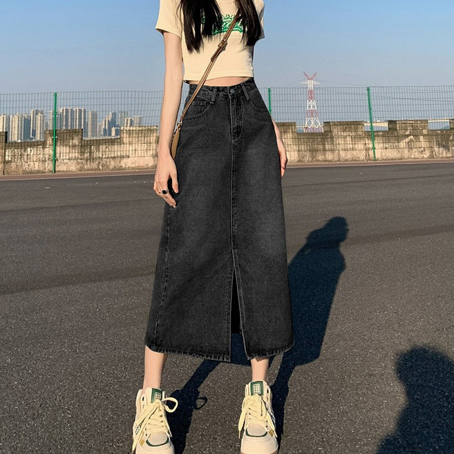 德普羅商務 女款休閒復古正面開衩牛仔長裙