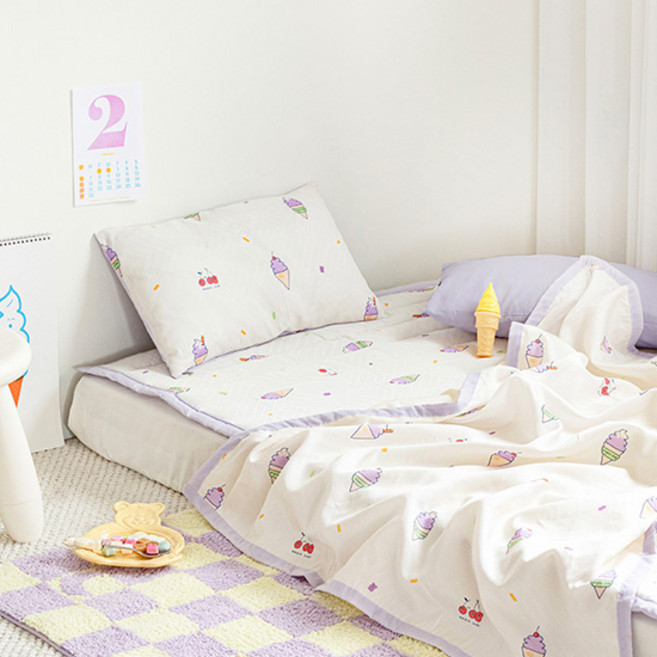 쉬즈홈 국내제조 인견 유아 여름이불 + 베개커버 + 베개솜 세트, 젤라또 아이보리