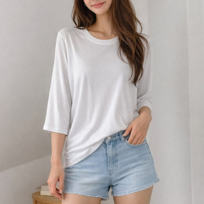 Lalaon 女款素色彈性圓領八分袖T恤 26TSP3699