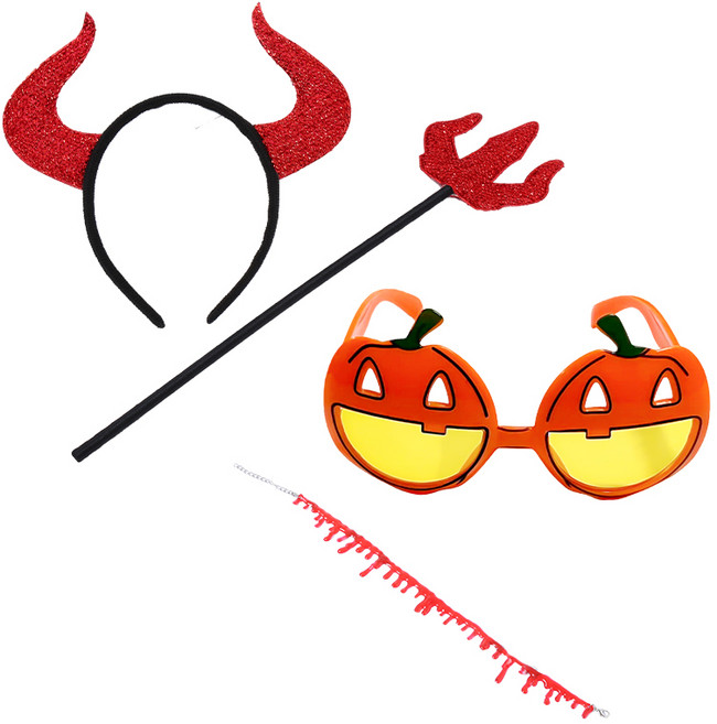 피앤비유니티 악마뿔 안경 피목걸이 3종 세트 03삼지창악마뿔머리띠, 혼합색상, 1세트