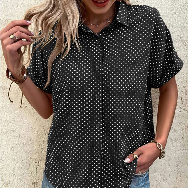 Elsso 女款圓點翻領捲袖短袖襯衫