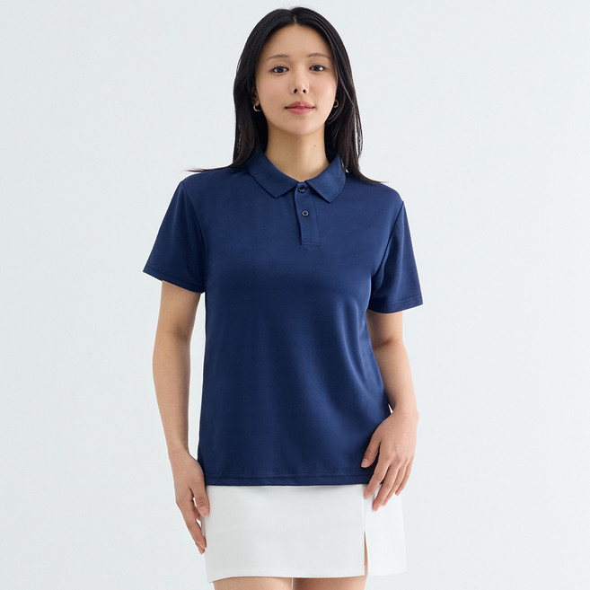 Elsso 女款輕量涼感網眼快乾翻領寬鬆版型涼感透氣短袖T恤, 海軍藍