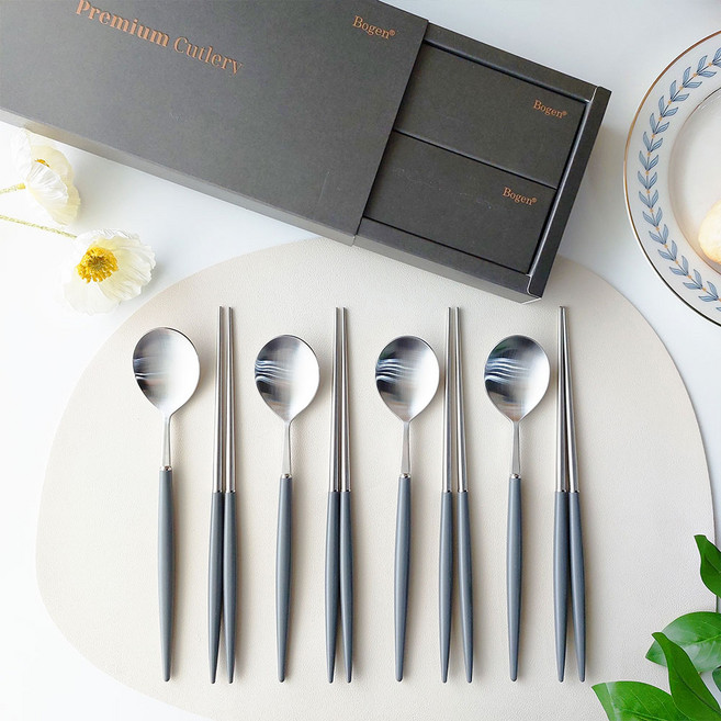 보겐 에펠 한식 4인 수저 선물세트, 실버 + 차콜, 숟가락 4p + 젓가락 4p