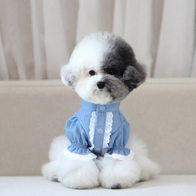 강아지 데님 레이스 뽕숄더 데님 셔츠, 스카이블루, 1개