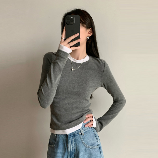 디멜디 여성용 레이어드 슬림핏 베이직 이너 긴팔 티셔츠