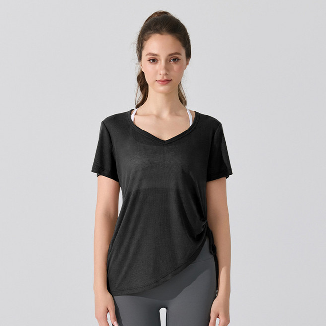 씨오브비 여성용 브이넥 셔링 사선 밑단 반팔 티셔츠