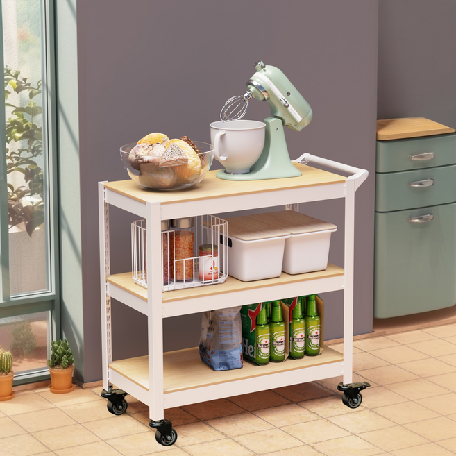 홈던트하우스 철제 이동식 수납 선반 트롤리 800 x 400 x 730 mm, 화이트, 3단
