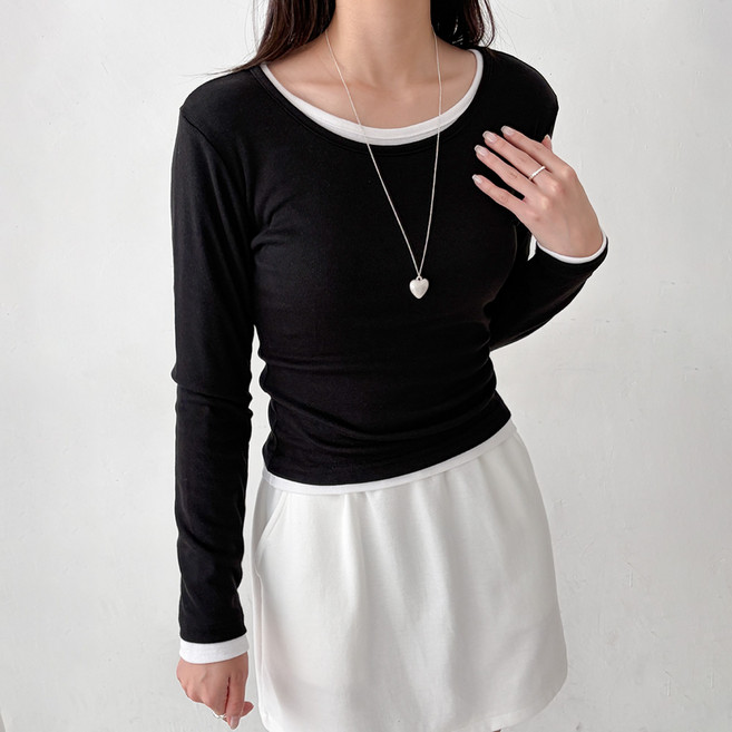 투데이앤룩 여성용 허리 잘록 슬리밍 라운드넥 이너 레이어드 긴팔 티셔츠