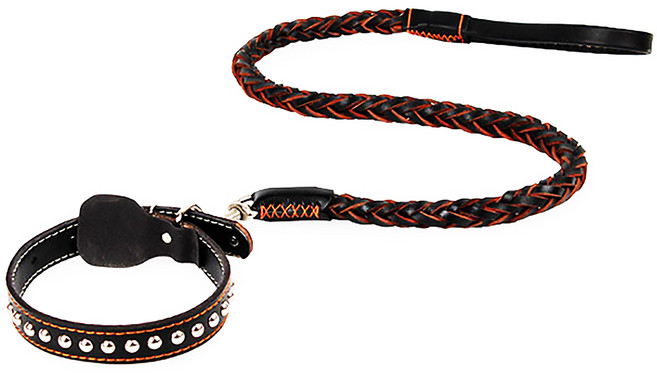 애구애구 중형견 대형견 트위스트 가죽 목줄 + 리드줄 세트 M, 블랙, 1세트