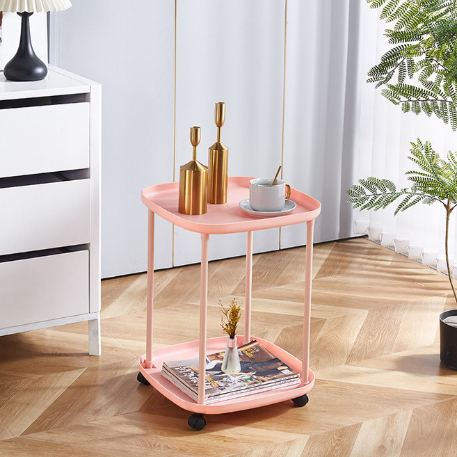 북유럽 이동식 트롤리 수납장, 핑크, 2단