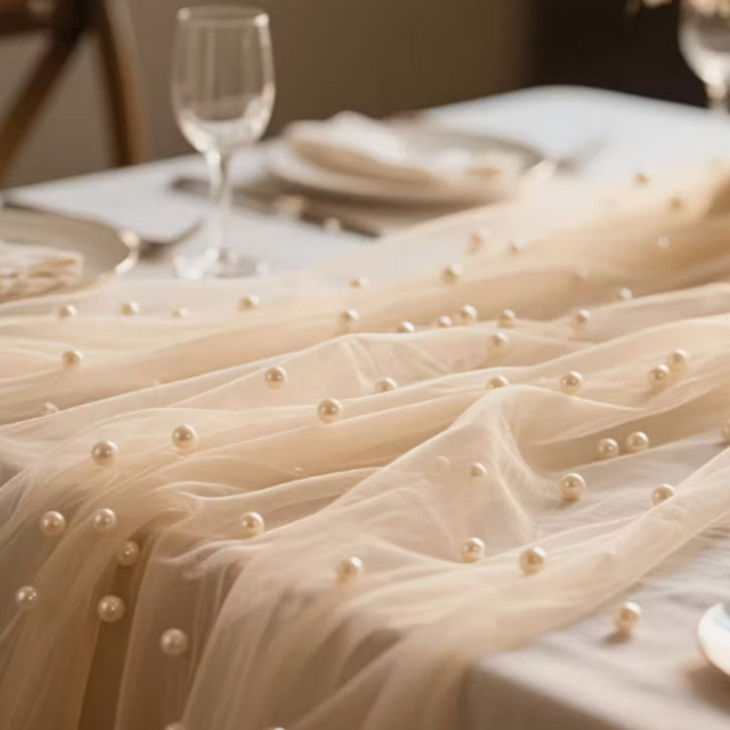 알럽홈 비즈 레이스 쉬폰 파티 테이블러너 L261-0092, 베이지, 1개, 160 x 100 cm