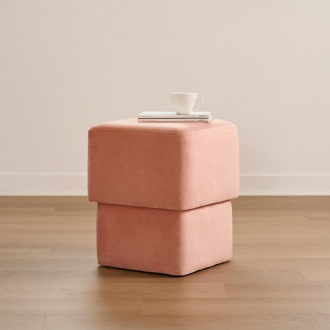 룸앤홈 푸프 벨벳 큐브 스툴, 코랄핑크, 1개