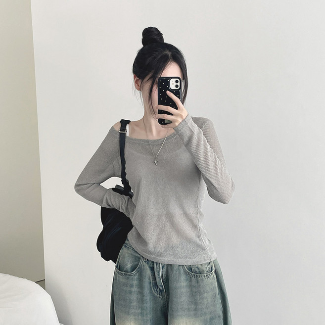 위드후이린 여성용 여리여리 긴팔 시스루 니트 티셔츠