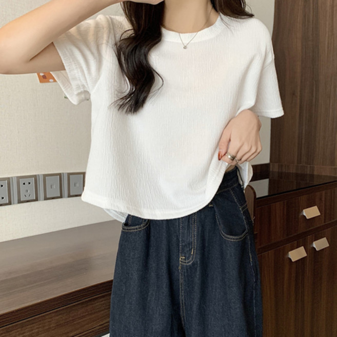 여성용 청량 내추럴 언발란스 크롭 반팔 티셔츠