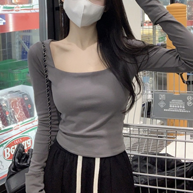 디멜디 여성용 스퀘어넥 슬림핏 여성스러운 긴팔 티셔츠