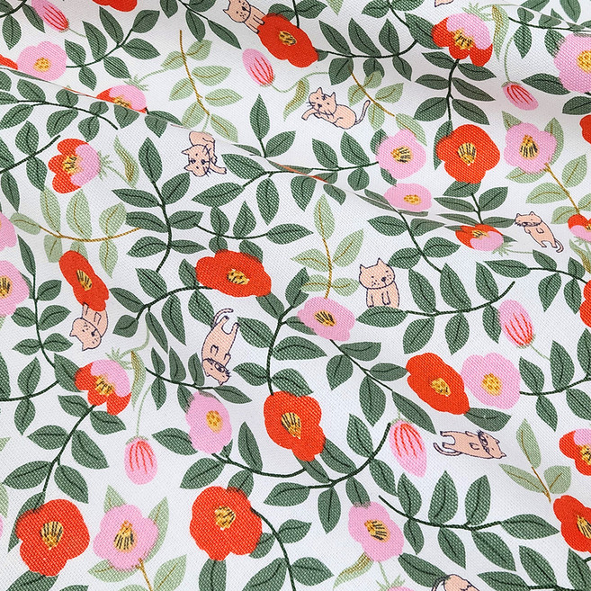 Leuhome 牛津棉布料 山茶花貓布料, 白色, 1個