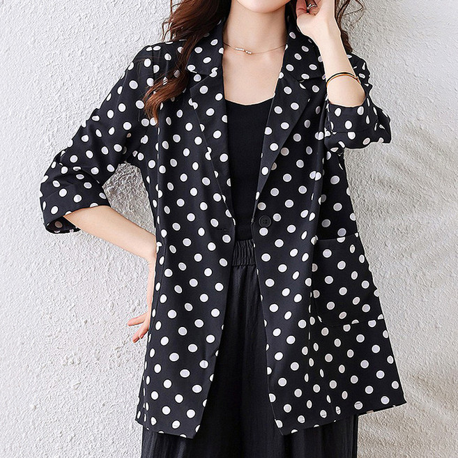 퀸이즈 여성용 루즈핏 도트 땡땡이 데일리 하프 자켓
