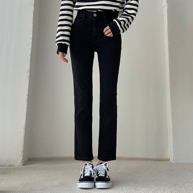 빼빼 여성용 기모 안감 하이웨스트 슬림 일자 면 팬츠 기본