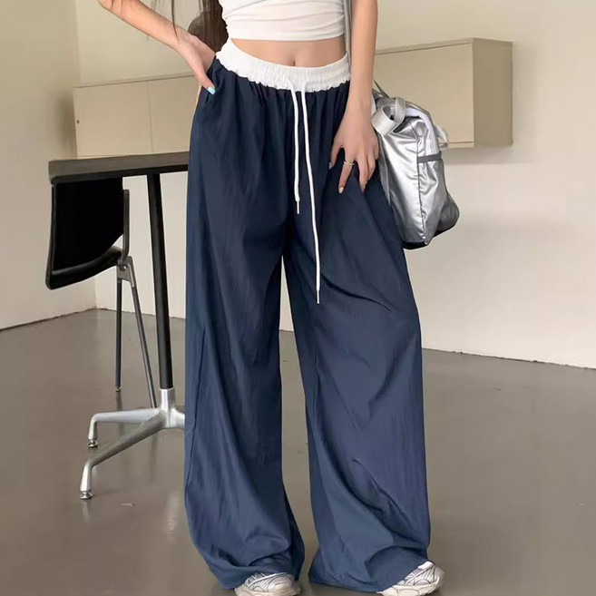 엘쏘 여성용 나일론 배색 바스락 밴딩 와이드 롱 팬츠