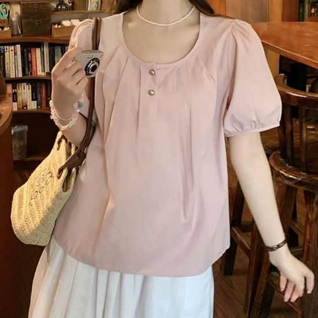 아이캔심플 여성용 산뜻한 라운드넥 퍼프소매 반팔 블라우스