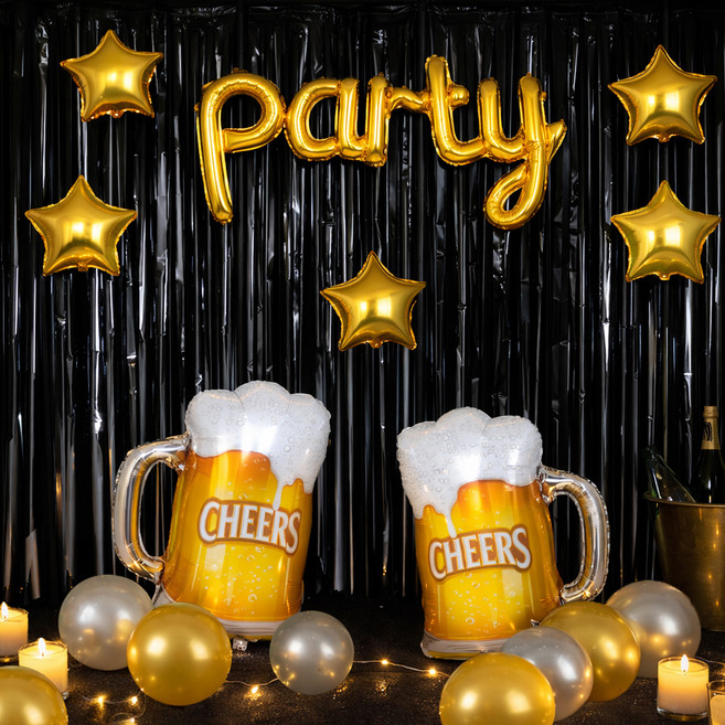 파티쇼 커튼 블랙 + 맥주 은박풍선 세트, 혼합색상, 1세트