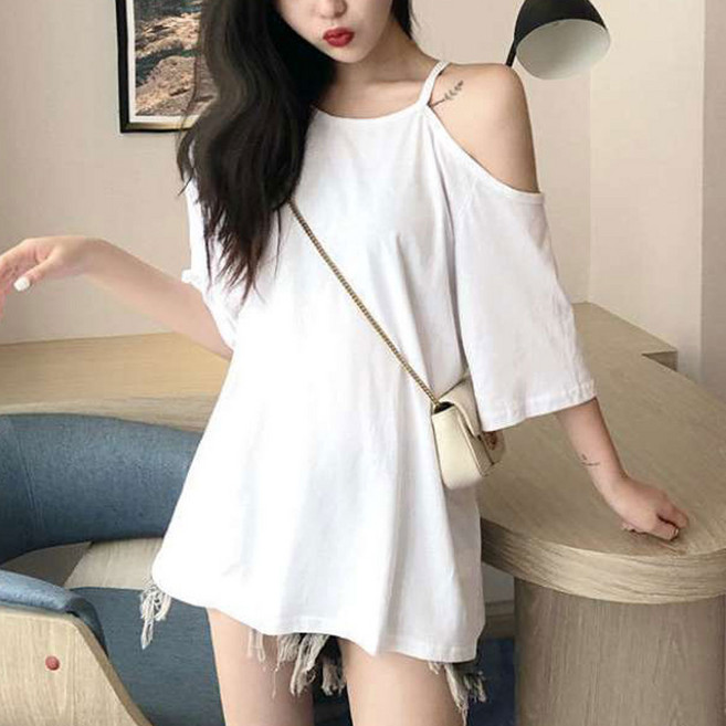 더시럽 여성용 민무늬 단색 원숄더 반팔티