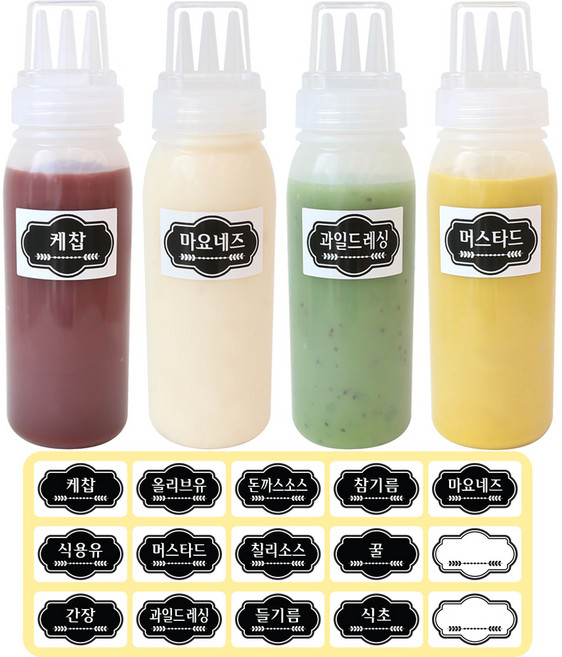 홈메이드 뚜껑 3구 소스통 400ml x 4p + 소스통 라벨 15p 세트, 1세트