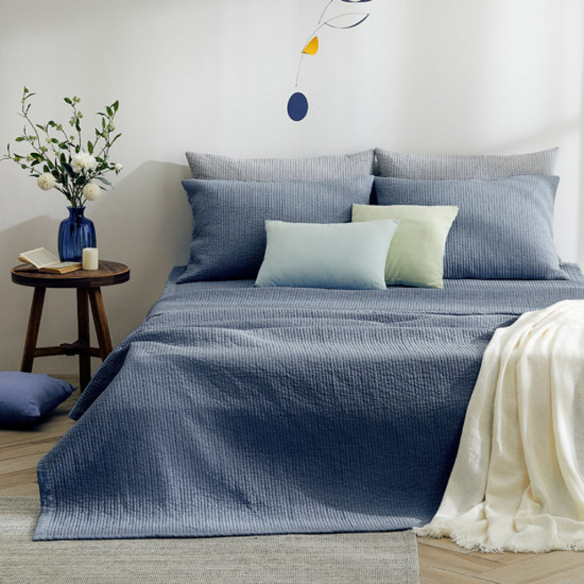 보몽드 국내제작 고온에 삶은 사계절 피그먼트 60수 아사 100% 순면 줄누비 스프레드 이불 겸 패드, 네이비