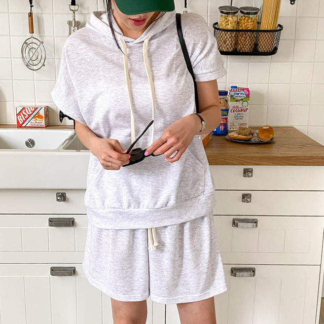 시크블랙 리스포 루즈핏 베이직 포켓 후드 조끼 + 팬츠 세트 cpset2605k32