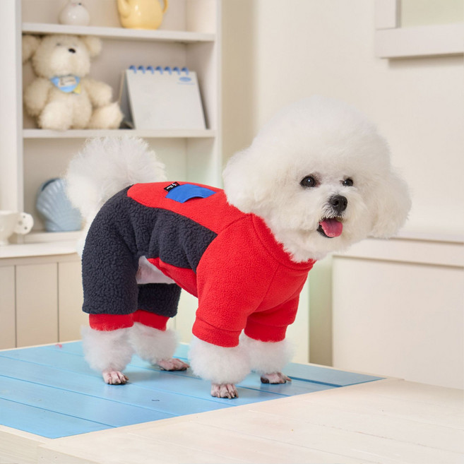 아티펫 강아지 투톤 컬러 블록 견인 올인원, 레드, 1개