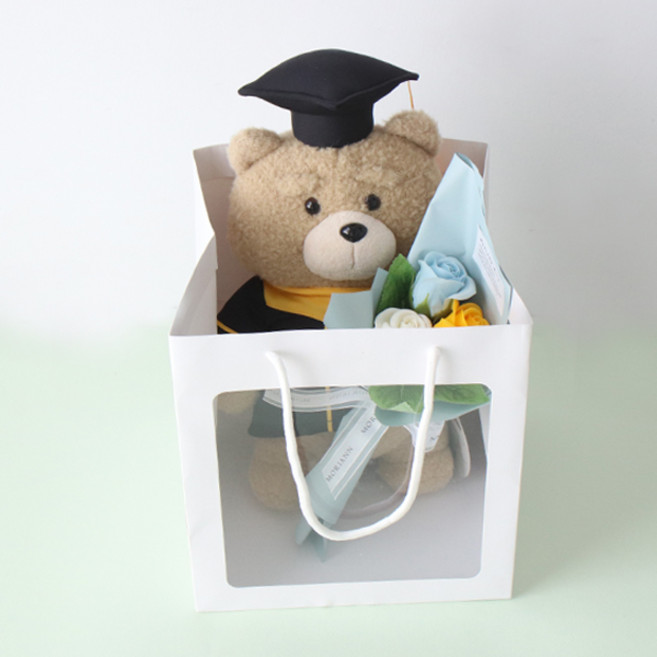 모리앤 비누꽃 장미 꽃다발 + 캐릭터 테드 학사모인형 + 기프트 쇼핑백 세트, 스카이, 1개