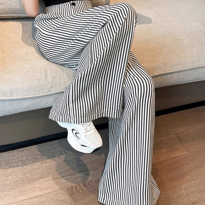 반야스토리 여성용 간절기 하이웨이스트 스트라이프 와이드 팬츠 SS123