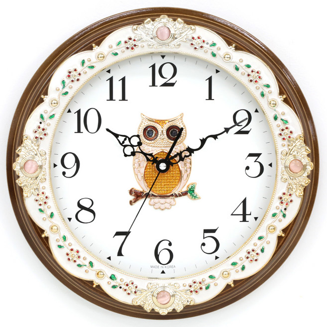 쥬얼플라워 프레임 부엉이 무소음 벽시계 223, 브라운 + 화이트