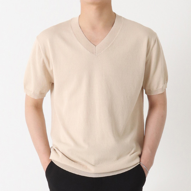 남성용 냉감 통기성 제카 프리미엄 쿨 워셔블 린넨 브이넥 반팔 니트