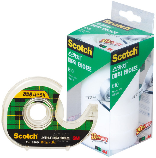 3M Scotch 隱形膠帶台 18mm*30m+補充包 18mm*32m 6入, 混色, 1組