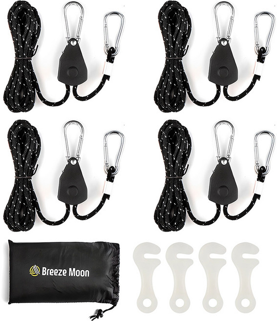 Breeze Moon 繩索棘輪 4入 + 營繩 4入 + 夜光掛鉤 4入 + 收納袋 套組, 黑色