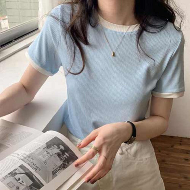 아이캔심플 여성용 슬림핏 골지 라운드넥 반팔 티셔츠