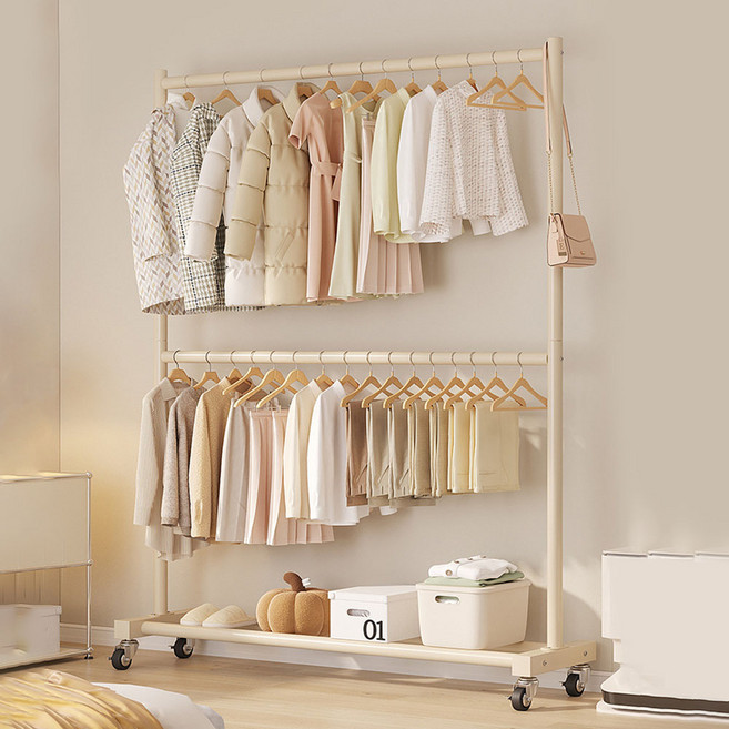 가구느낌 2단 철제 스탠드 이동식 미음행거 1200, 크림