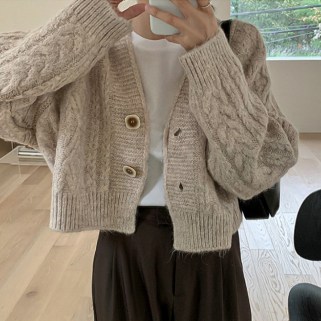 패션풀 여성용 우드 버튼 꽈배기 가디건 29060