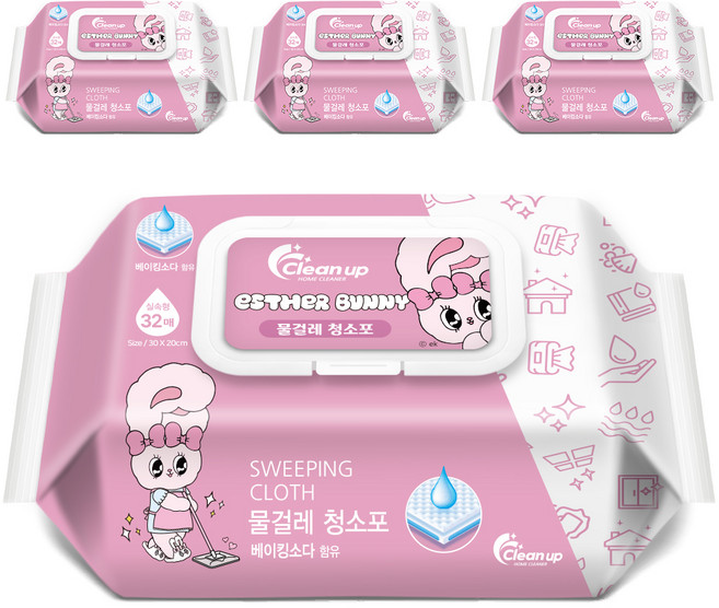 클린업 에스더버니 물걸레 청소포 대형 32매, 4개